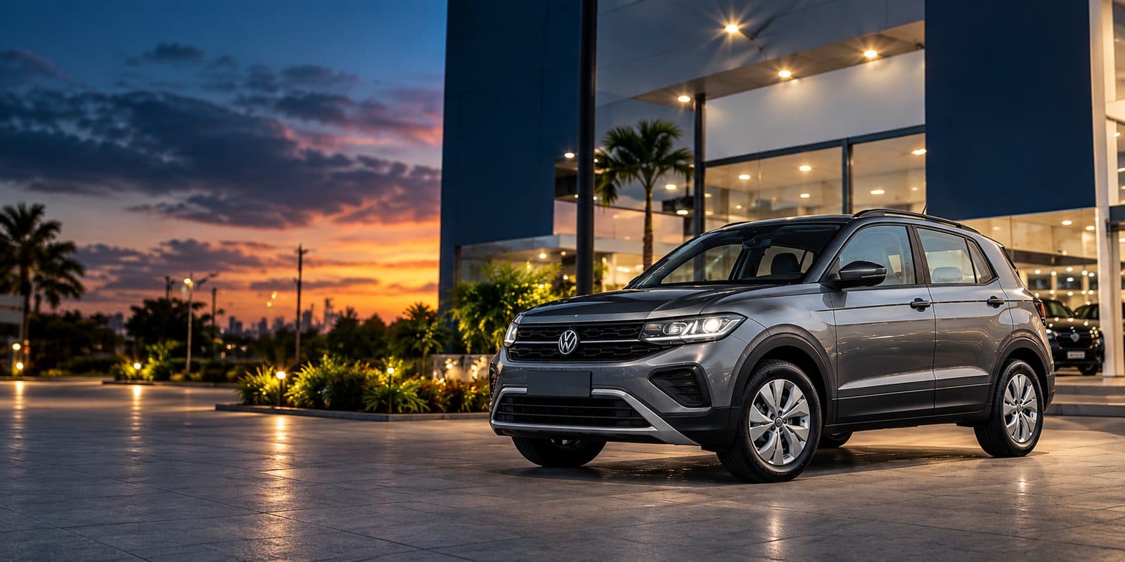 Volkswagen T-Cross seminovo em frente à concessionária Mavel em Manaus ao entardecer
